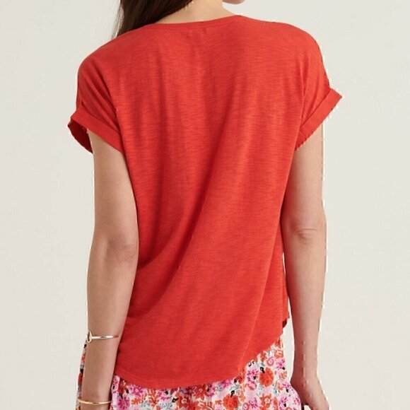 LUCKY BRAND Mixed Media Henley Coral Red Short Sleeve Cuffed Popover Blouse Top - Picture 3 of 6